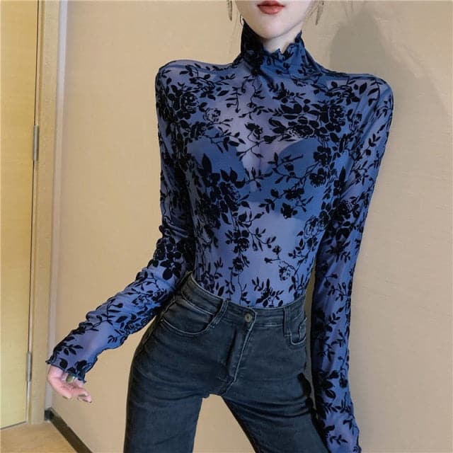 Transparent Flocking Mesh Blouses Shirts Tees Female Turtleneck Full Sleeve Blouses Tops for