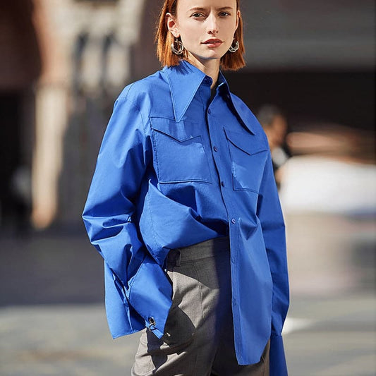 Royal Blue Shirt Lapel Blouse Feminina Safari Style Spring Summer Top