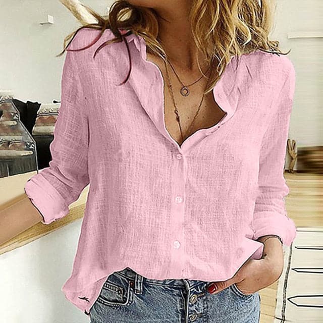 Linen Button Bottom Blouse Autumn Winter Lady Loose Tops Female Long Sleeve Shirt Pullover