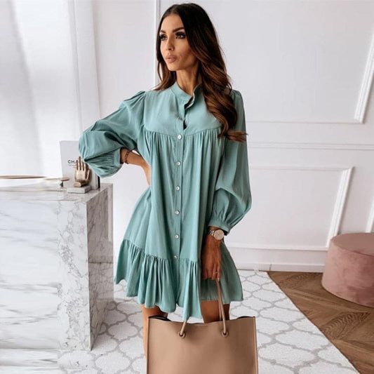 Ruffled Front Button A-line Dress Long Sleeve Stand Collar Mini Dress Autumn New Dress