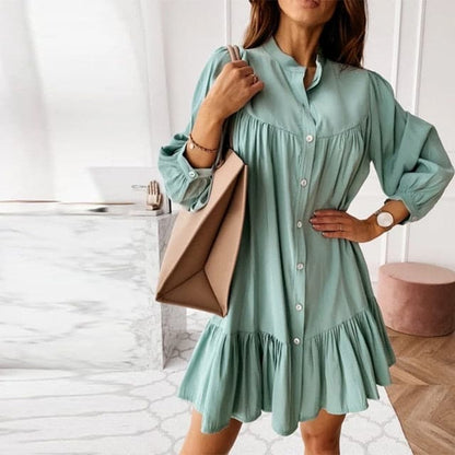 Ruffled Front Button A-line Dress Long Sleeve Stand Collar Mini Dress Autumn New Dress