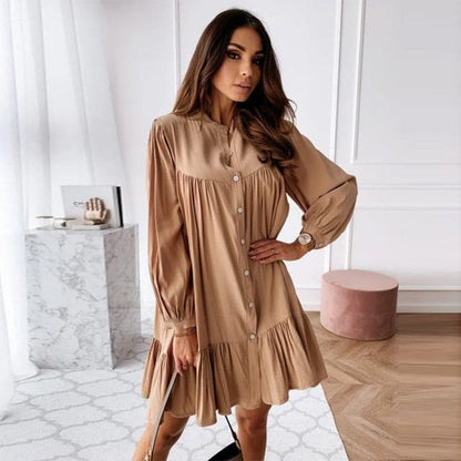 Ruffled Front Button A-line Dress Long Sleeve Stand Collar Mini Dress Autumn New Dress