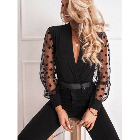 Deep V-neck Transparent Polka Dot Blouse