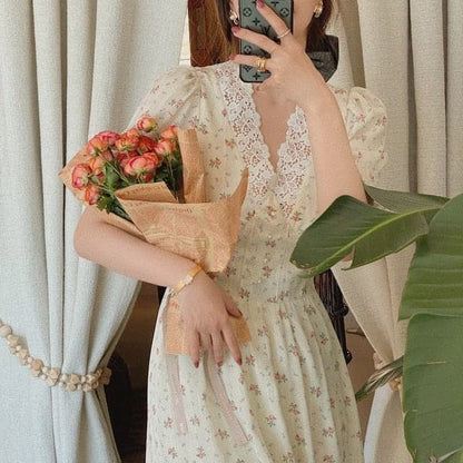 Lace Chiffon Puff Sleeve V Neck Midi Dress