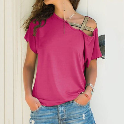 Skew Neck Irregular Criss Cross T-shirt