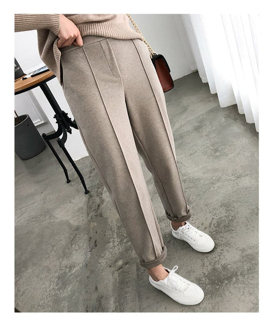 Winter Thicken Pencil Pants Wool Pants Female Autumn High Waist Loose Trousers Capris Good Fabric