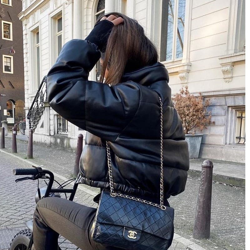 Dressbetty - Thick Warm Short Black Pu Leather Coats