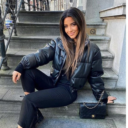 Dressbetty - Thick Warm Short Black Pu Leather Coats
