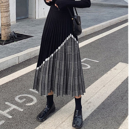 High Waist Pleated Knitted Midi Skirt