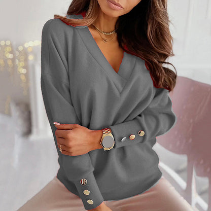 Sweater Autumn Color Deep V Neck Pocket Single-breasted Long Sleeve Pullover Knitted Cardigan Tops Oversized