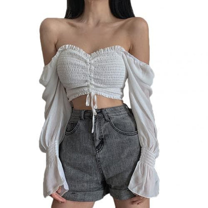 Tops and Bloues Long Sleeve Square Neck Shirt Drawstring Off Shoulder Blouse Crop Top