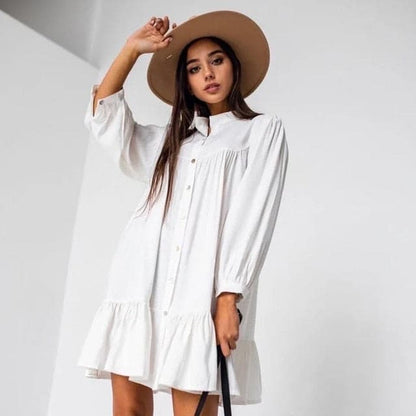 Ruffled Front Button A-line Dress Long Sleeve Stand Collar Mini Dress Autumn New Dress