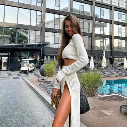 Dressbetty - Sweater Cropped Top Midi Skirt Two Piece Set Matching Set Outfits Button Up Split Skirts Winter