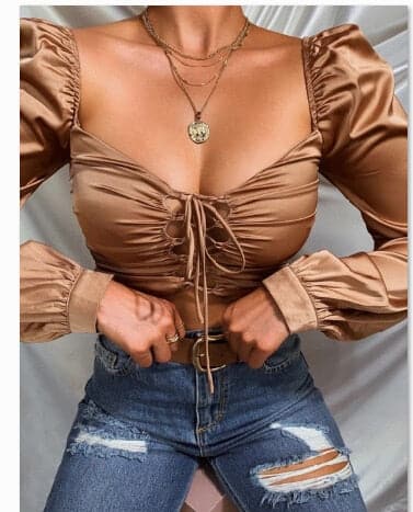 Shirts Ol Fall Tie Front Tops Blouses Shirts Fall Square Collar Puff Long Sleeve Lace-up Shirt Tops