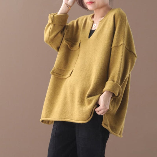 Dressbetty - Female New Autumn and Winter Korean Style Literary Small V-neck Single-pocket Primer Sweater Outerwear