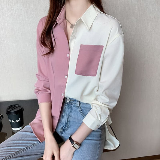 Korean Clothing Tops and Blouses Ol Style Loose Blouse Shirts Polo Collar Long Sleeve Patchwork Pink