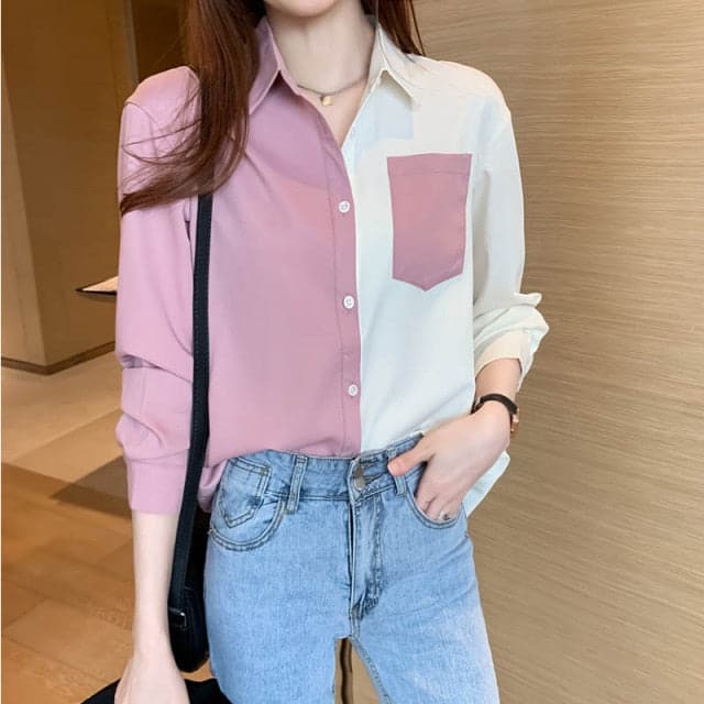 Korean Clothing Tops and Blouses Ol Style Loose Blouse Shirts Polo Collar Long Sleeve Patchwork Pink