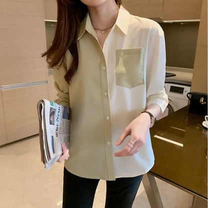 Korean Clothing Tops and Blouses Ol Style Loose Blouse Shirts Polo Collar Long Sleeve Patchwork Pink