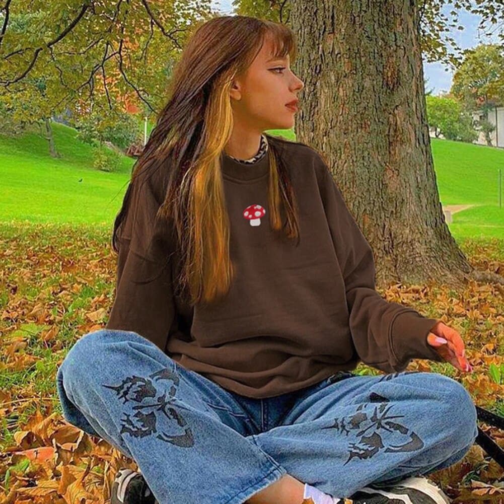 Y2k Aesthetics Mushroom Embroidery Oversized Sweatshirts Brown Crewneck Long Sleeve Top 2000s