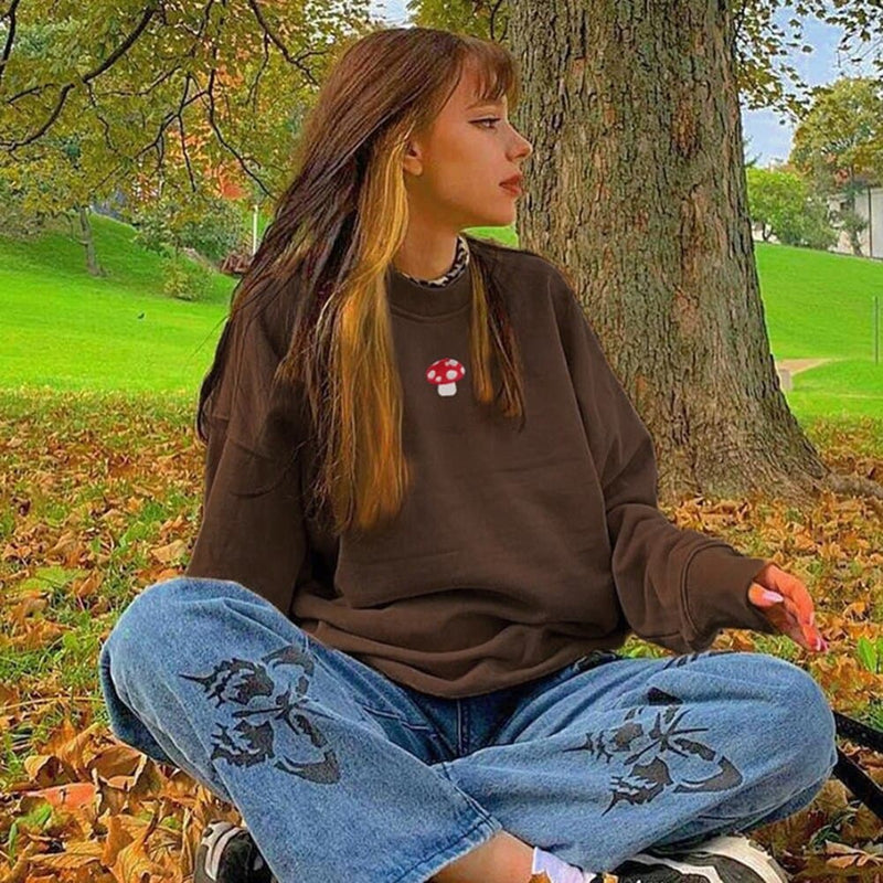 Y2k Aesthetics Mushroom Embroidery Oversized Sweatshirts Brown Crewneck Long Sleeve Top 2000s