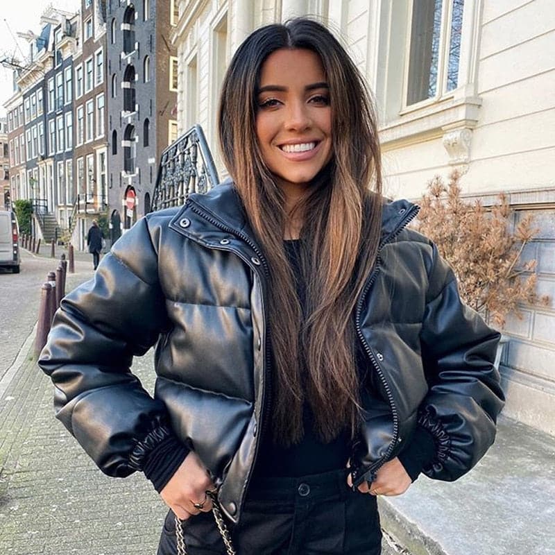 Dressbetty - Thick Warm Short Black Pu Leather Coats