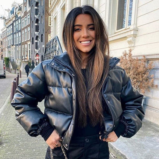 Dressbetty - Thick Warm Short Black Pu Leather Coats