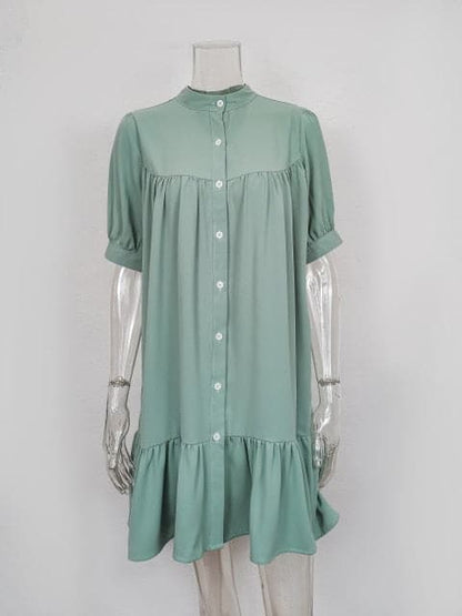 Ruffled Front Button A-line Dress Long Sleeve Stand Collar Mini Dress Autumn New Dress