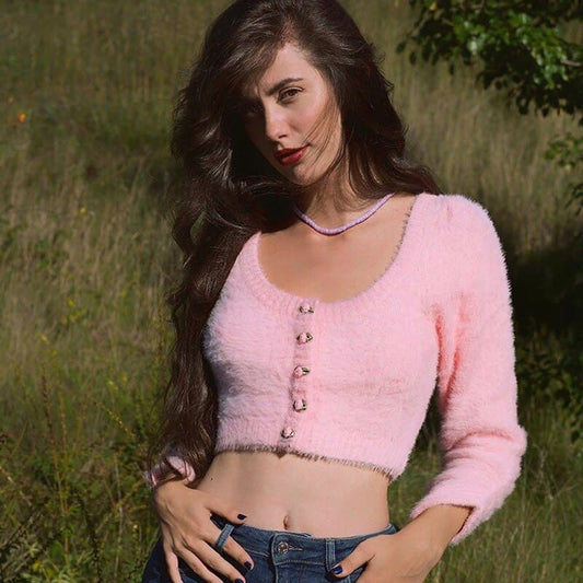 Dressbetty - Sweet Pink Fluffy Low Crew Neck Knitted Short Sweater