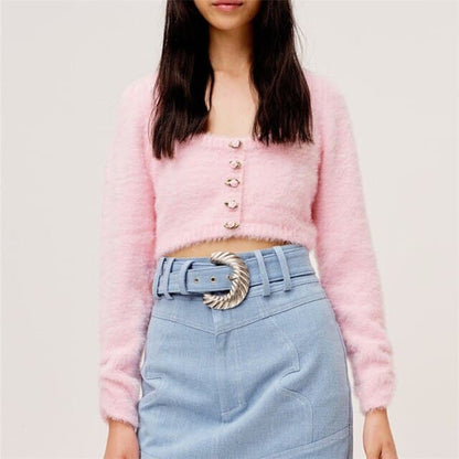 Dressbetty - Sweet Pink Fluffy Low Crew Neck Knitted Short Sweater