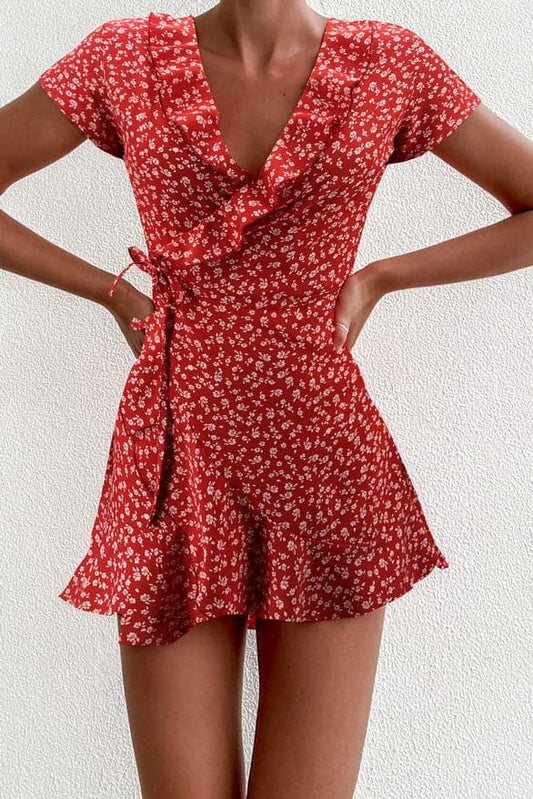 Summer ’s Floal A-line Dress Sweet Ruffles V-neck Bandage Short Dress for Lady Flowers Mini Dress