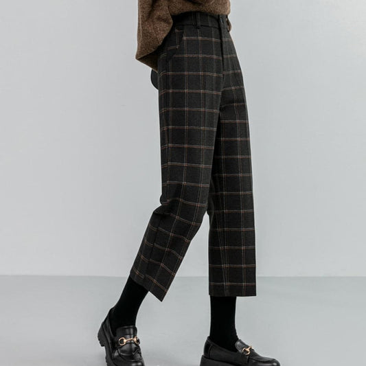 Woolen Plaid Autumn Winter High Waist Formal Straight Pants Loose Ankle-length Pants Female Boots Pants