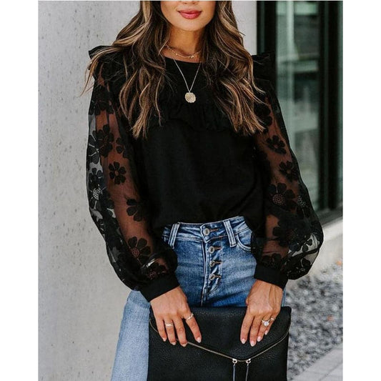 Woman Mesh Patchwork Blouse Long Sleeve Blouse Lace Transparent Flower Lantern Sleeve Pullover Shirts