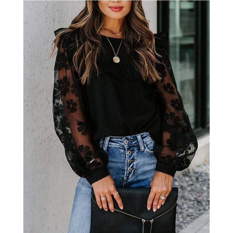 Woman Mesh Patchwork Blouse Long Sleeve Blouse Lace Transparent Flower Lantern Sleeve Pullover Shirts