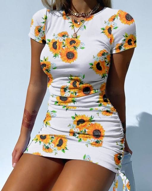 Summer Party Basic Dresses Short Sleeve Bodycon Stretch Mini Dress O Neck Slim Pencil Short