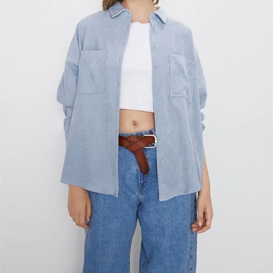Corduroy With Pockets Loose Asymmetrical Blouses Long Sleeve Button-up Female Shirts