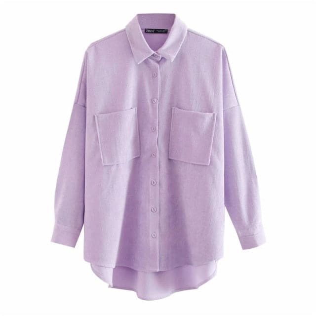 Corduroy With Pockets Loose Asymmetrical Blouses Long Sleeve Button-up Female Shirts