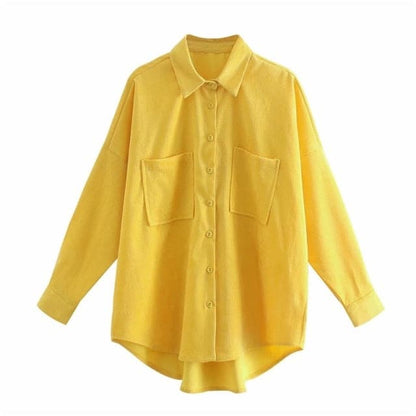 Corduroy With Pockets Loose Asymmetrical Blouses Long Sleeve Button-up Female Shirts