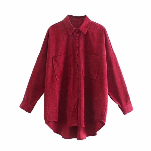 Corduroy With Pockets Loose Asymmetrical Blouses Long Sleeve Button-up Female Shirts