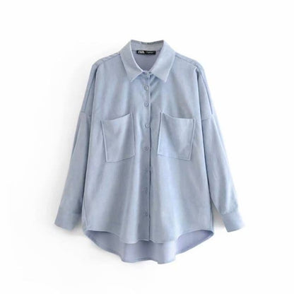 Corduroy With Pockets Loose Asymmetrical Blouses Long Sleeve Button-up Female Shirts