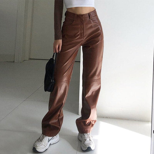 High Waisted Pu Leather Pants Jogger Side Pockets Straight Wide Leg Pants Loose Brown Trousers