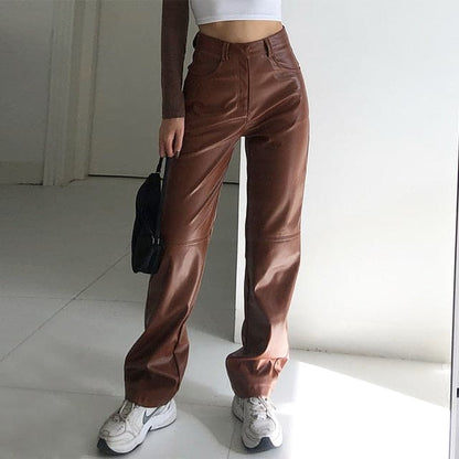 High Waisted Pu Leather Pants Jogger Side Pockets Straight Wide Leg Pants Loose Brown Trousers