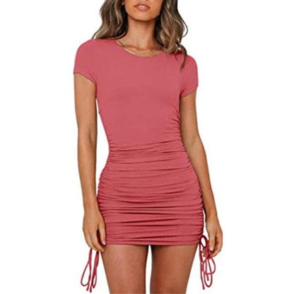 Summer Party Basic Dresses Short Sleeve Bodycon Stretch Mini Dress O Neck Slim Pencil Short