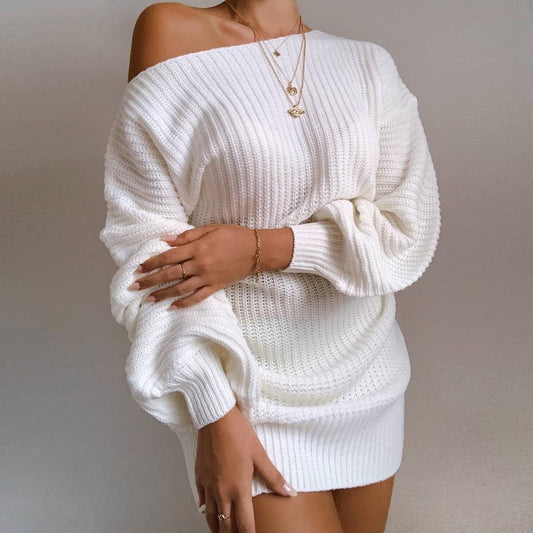 Dressbetty - Off-shoulder Lantern Sleeve Knitted Sweater Dress