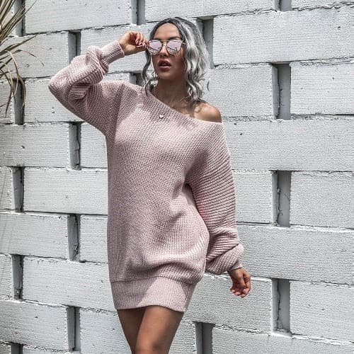 Dressbetty - Off-shoulder Lantern Sleeve Knitted Sweater Dress