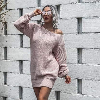 Dressbetty - Off-shoulder Lantern Sleeve Knitted Sweater Dress
