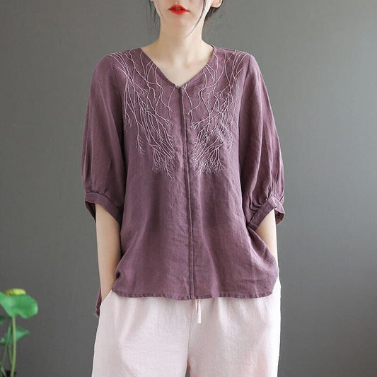 Summer Short Sleeve Embroidery Blouse Cotton Linen Shirt V Neck Loose Clothes Tops