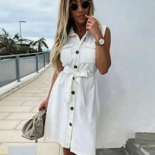 Front Button Sashes Sheath Party Dress Sleeveless Turn Down Collar Mini Dress Summer New Dress