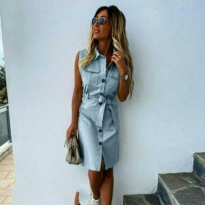 Front Button Sashes Sheath Party Dress Sleeveless Turn Down Collar Mini Dress Summer New Dress