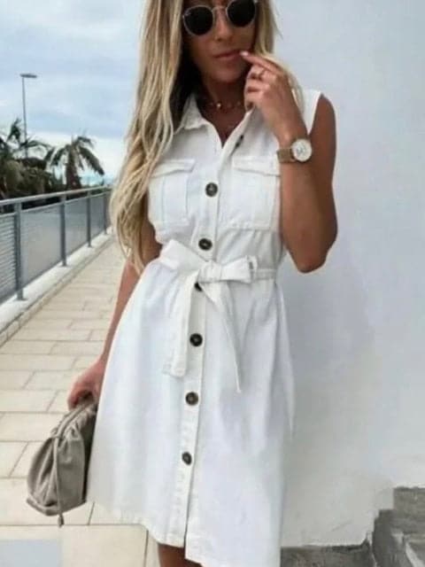 Front Button Sashes Sheath Party Dress Sleeveless Turn Down Collar Mini Dress Summer New Dress