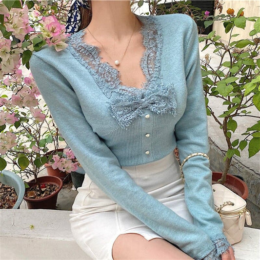 Knitted Shirts V-neck Lace Slim Blouse and Tops Spring Korean Style Shirt Female